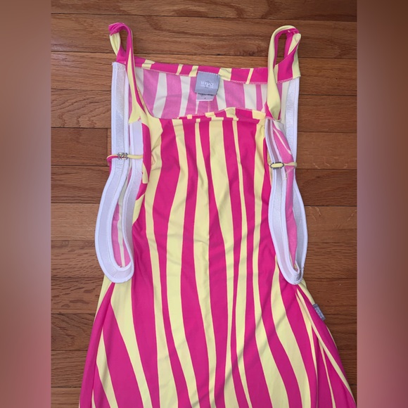 Versace Vintage 90s Asymmetrical Tiger Print MIDI Dress Pink Yellow Y2K small - Picture 4 of 10